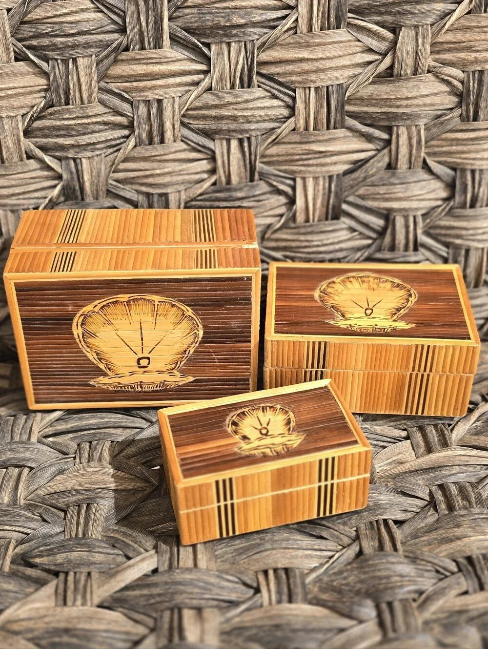 Vintage Mid-Century Modern MCM stackable nesting bamboo oyster shell pyrography
